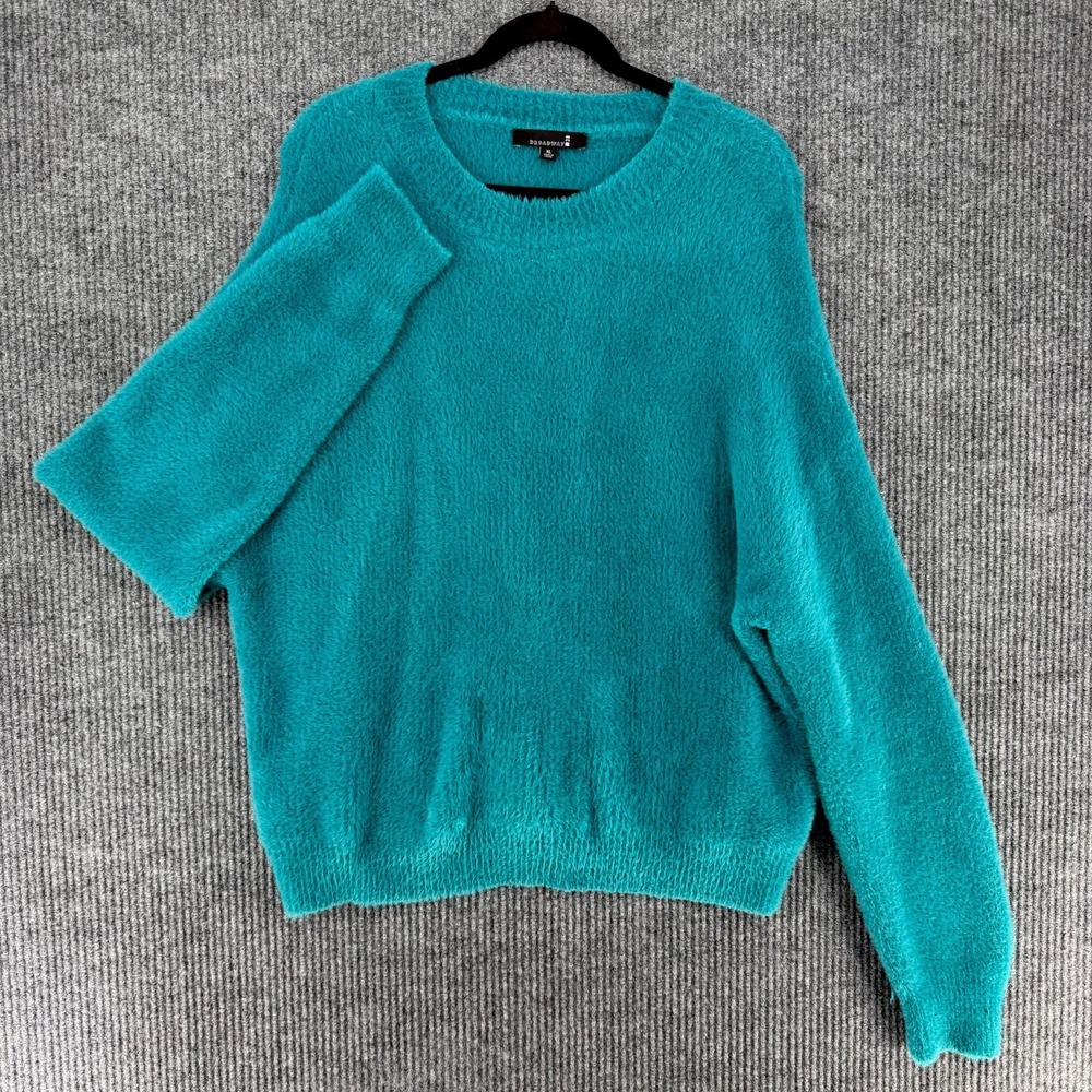 Broadway 38 teal fuzzy crewneck sweater womens XL long sleeve cottage cozy top